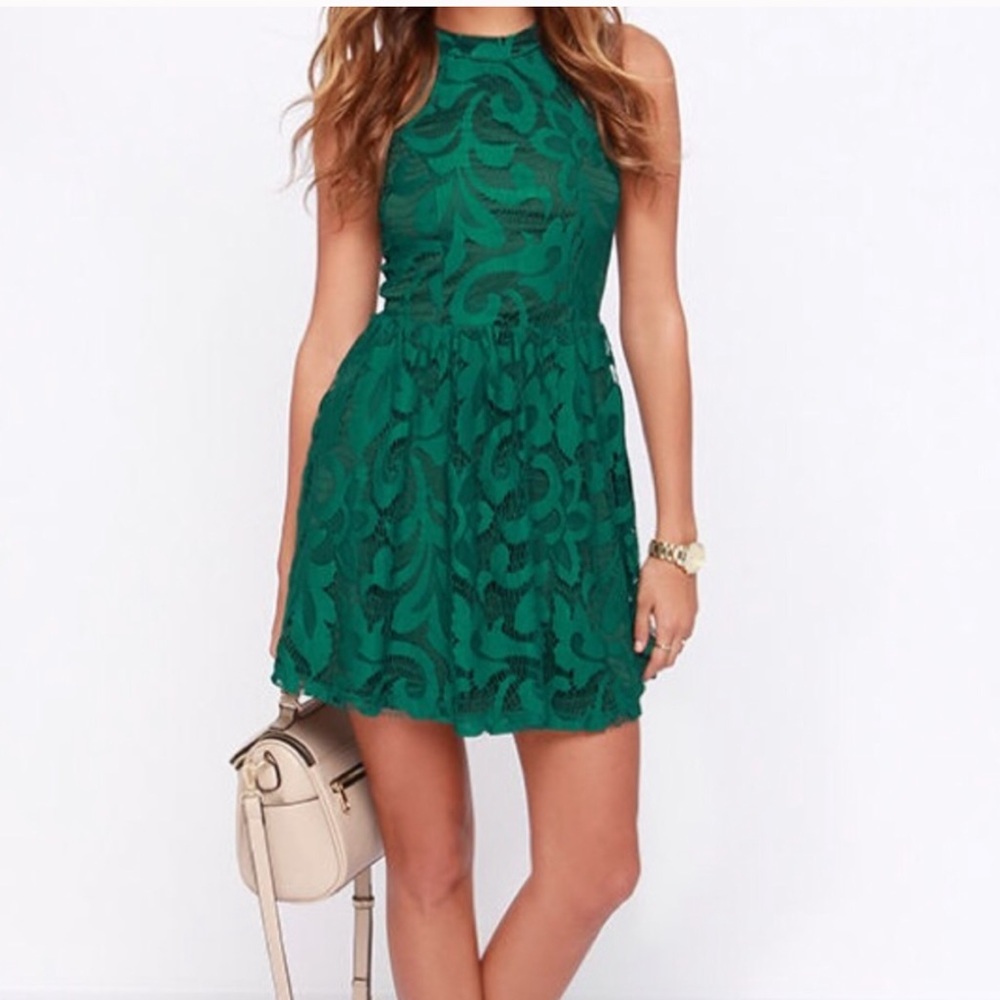 Lulu's Emerald Green Lace Halter Mini Dress